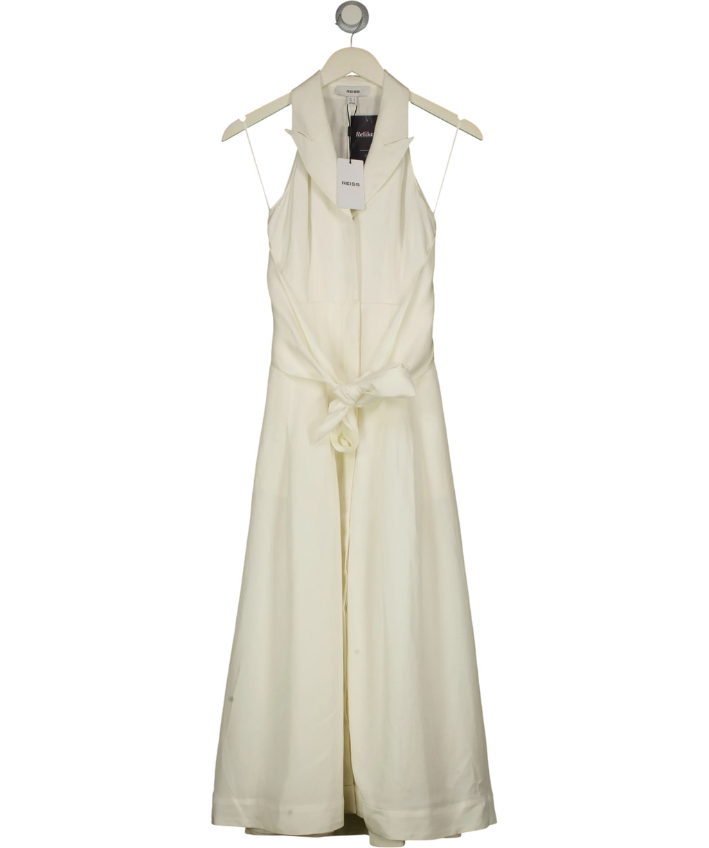 REISS ivory Tor Sleeveless Tie-Front Midi Dress with Linen, size UK 4 — front