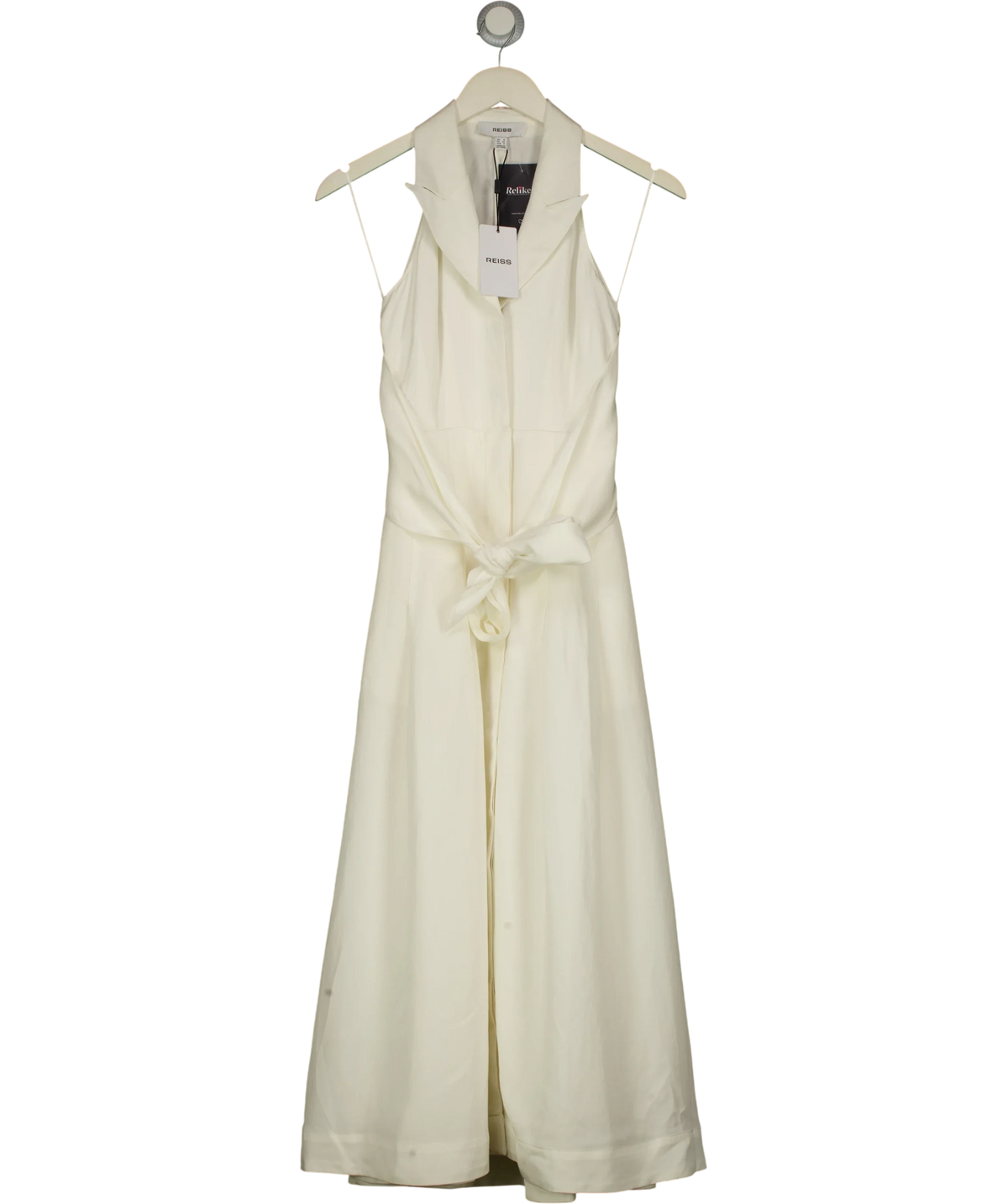 REISS ivory Tor Sleeveless Tie-Front Midi Dress with Linen, size UK 4 — front