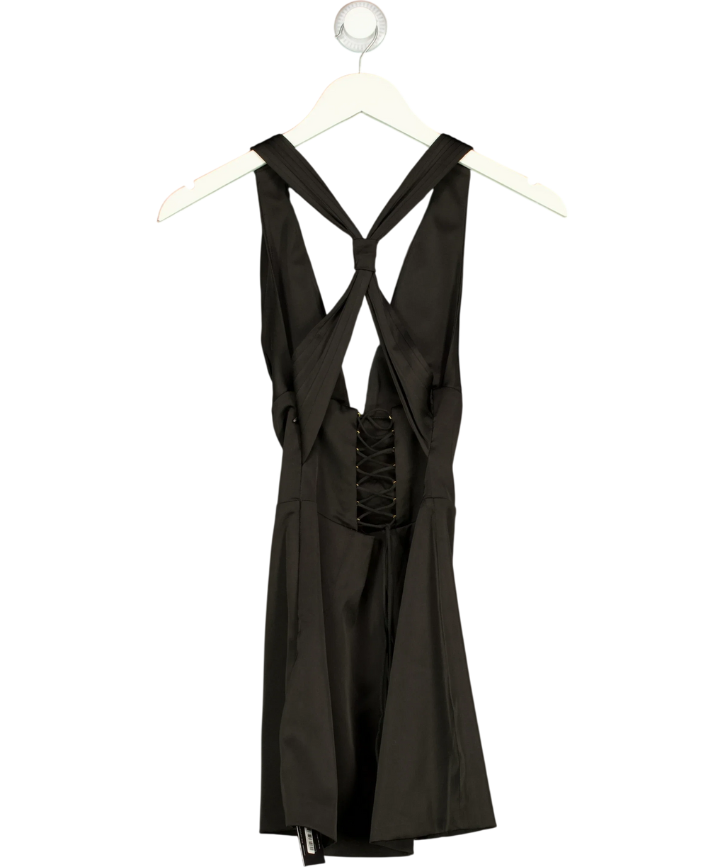 OH POLLY Black Carlotta halterneck lace-up A-line mini dress, size UK 4 — back