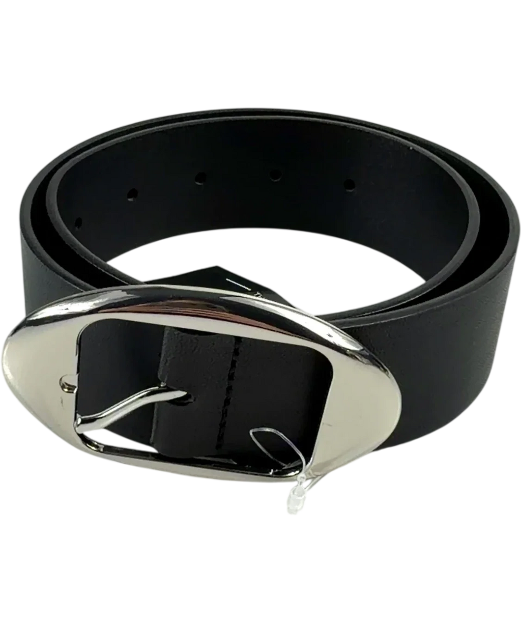 H&M Black Black / Silver Oval-Buckle Leather Belt, size UK XS — front