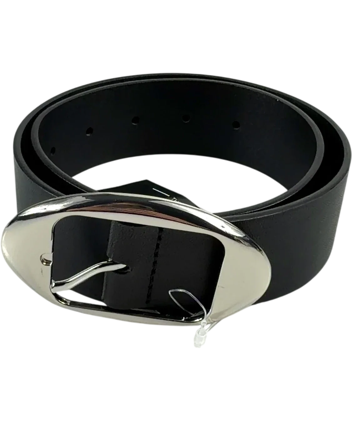 H&M Black Black / Silver Oval-Buckle Leather Belt, size UK XS — front