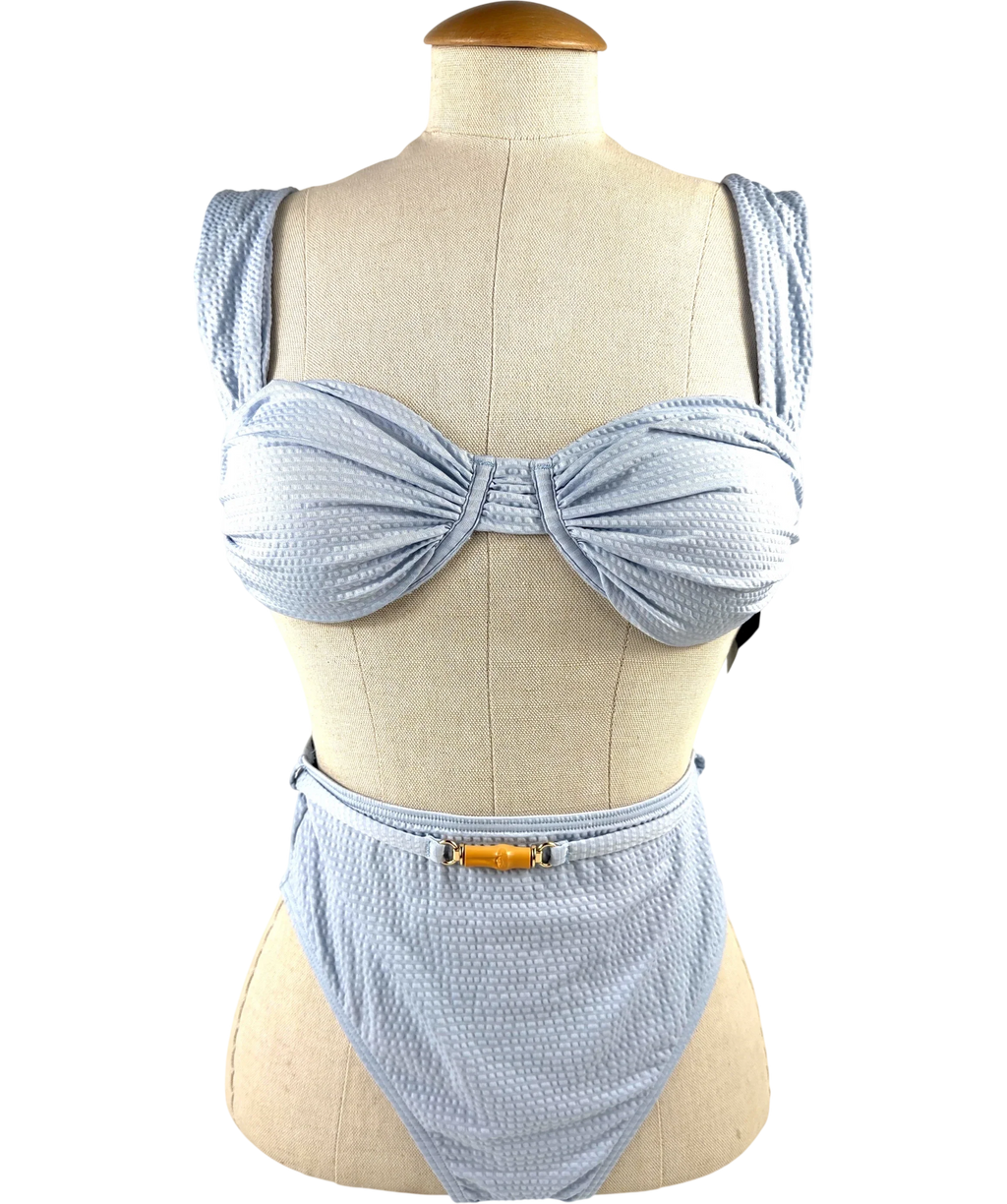 Malina Blue textured seersucker bikini, size UK XS — front