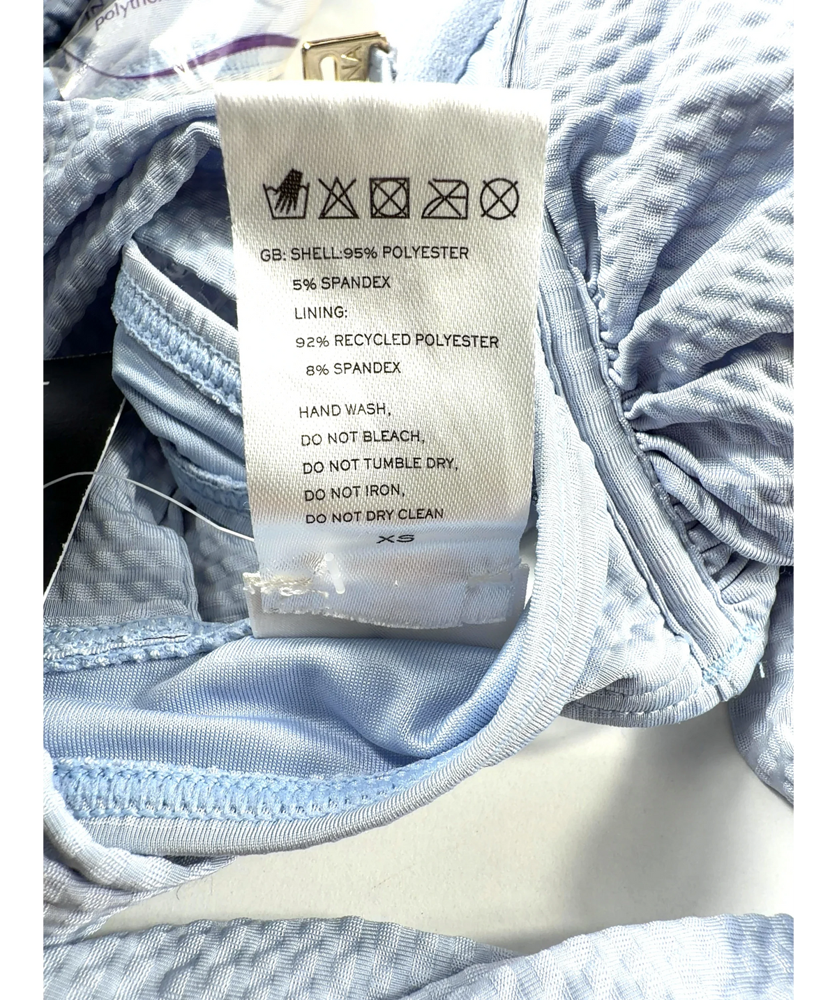 Malina Blue textured seersucker bikini, size UK XS — label
