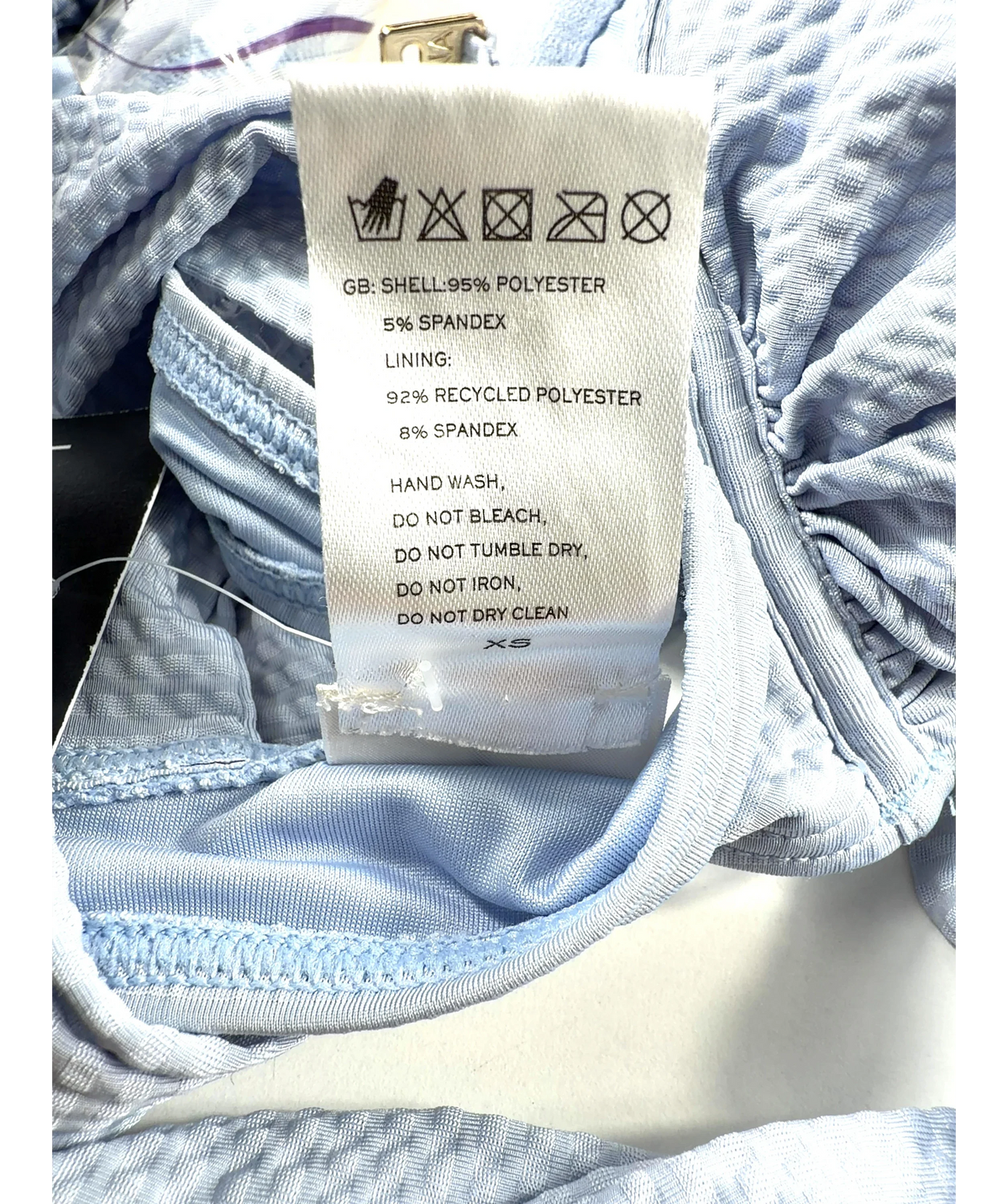 Malina Blue textured seersucker bikini, size UK XS — care label