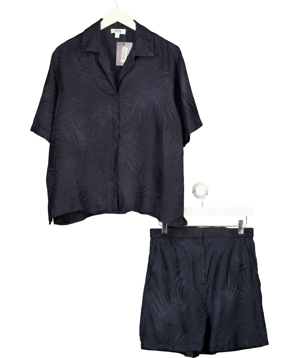 cos navy Silk-Blend Jacquard shirt and matching shorts, size UK S — front