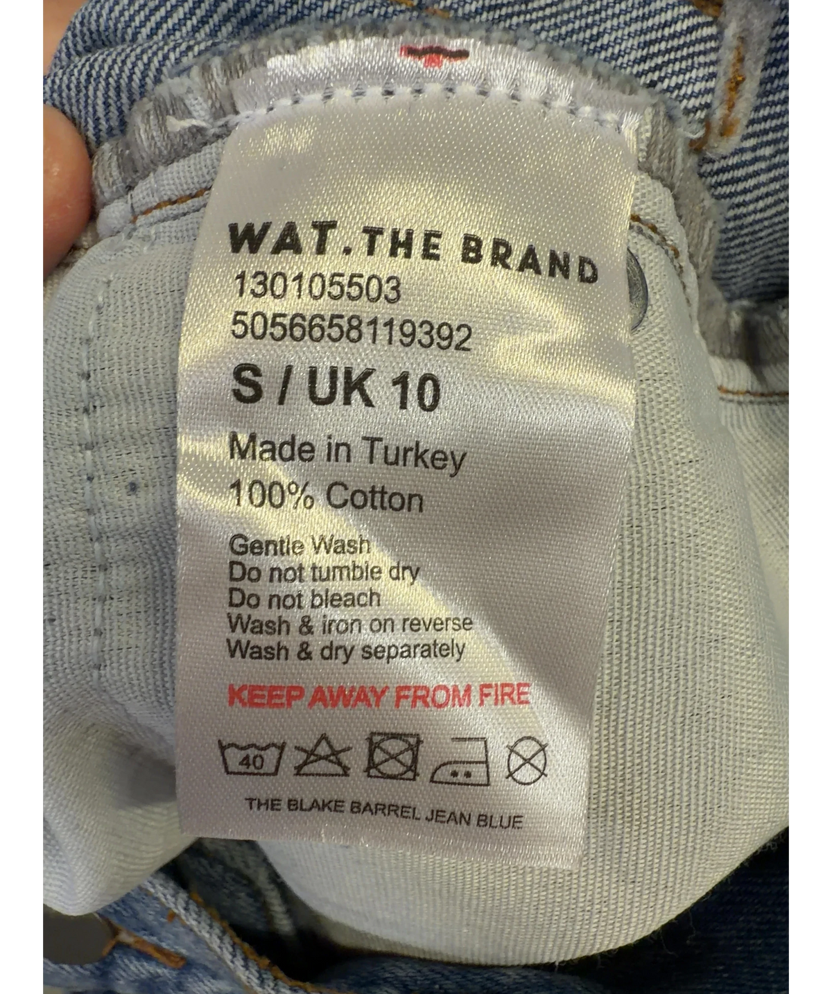 WAT. THE BRAND Blue The Blake Barrel Jean, size UK 10 — label