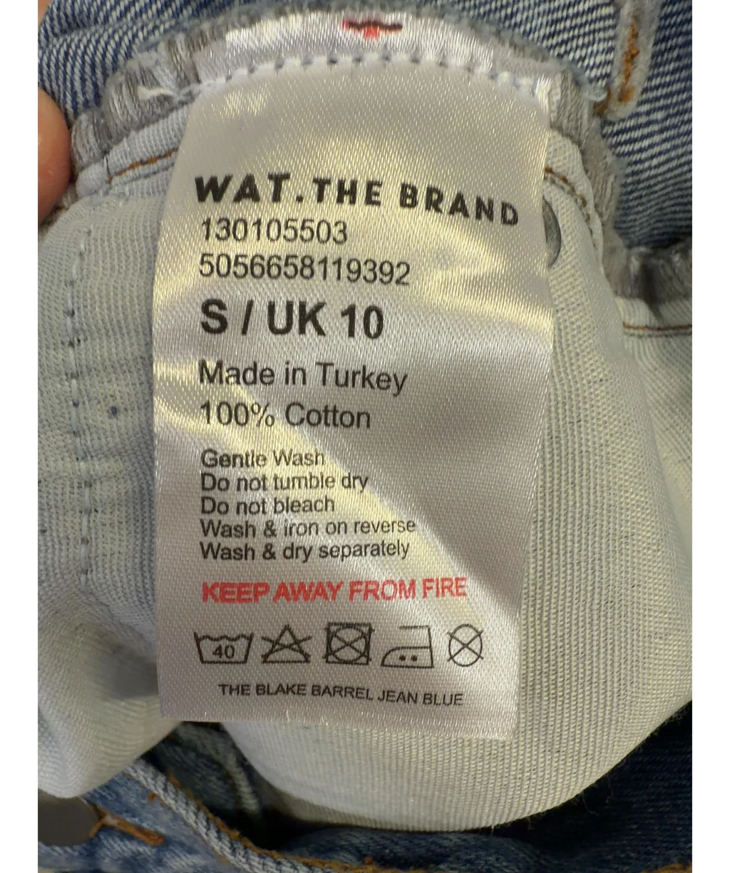 WAT. THE BRAND Blue The Blake Barrel Jean, size UK 10 — care label