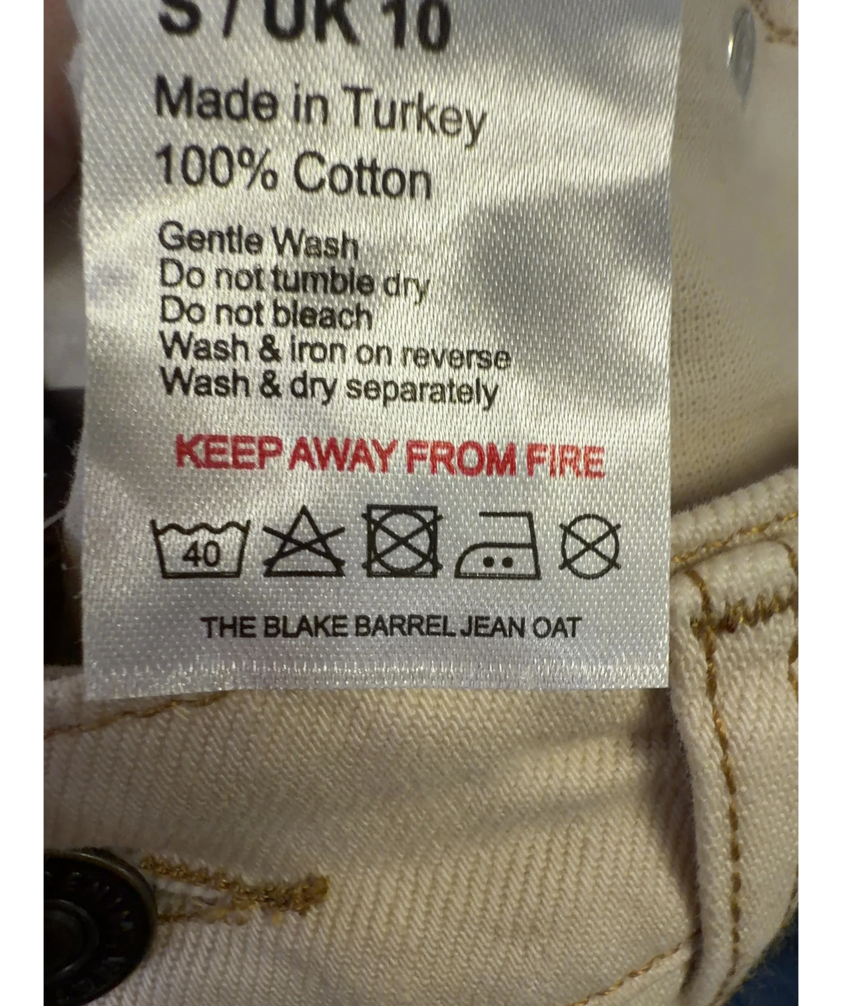 WAT. THE BRAND Beige The Blake Barrel Jean, size UK 10 — label