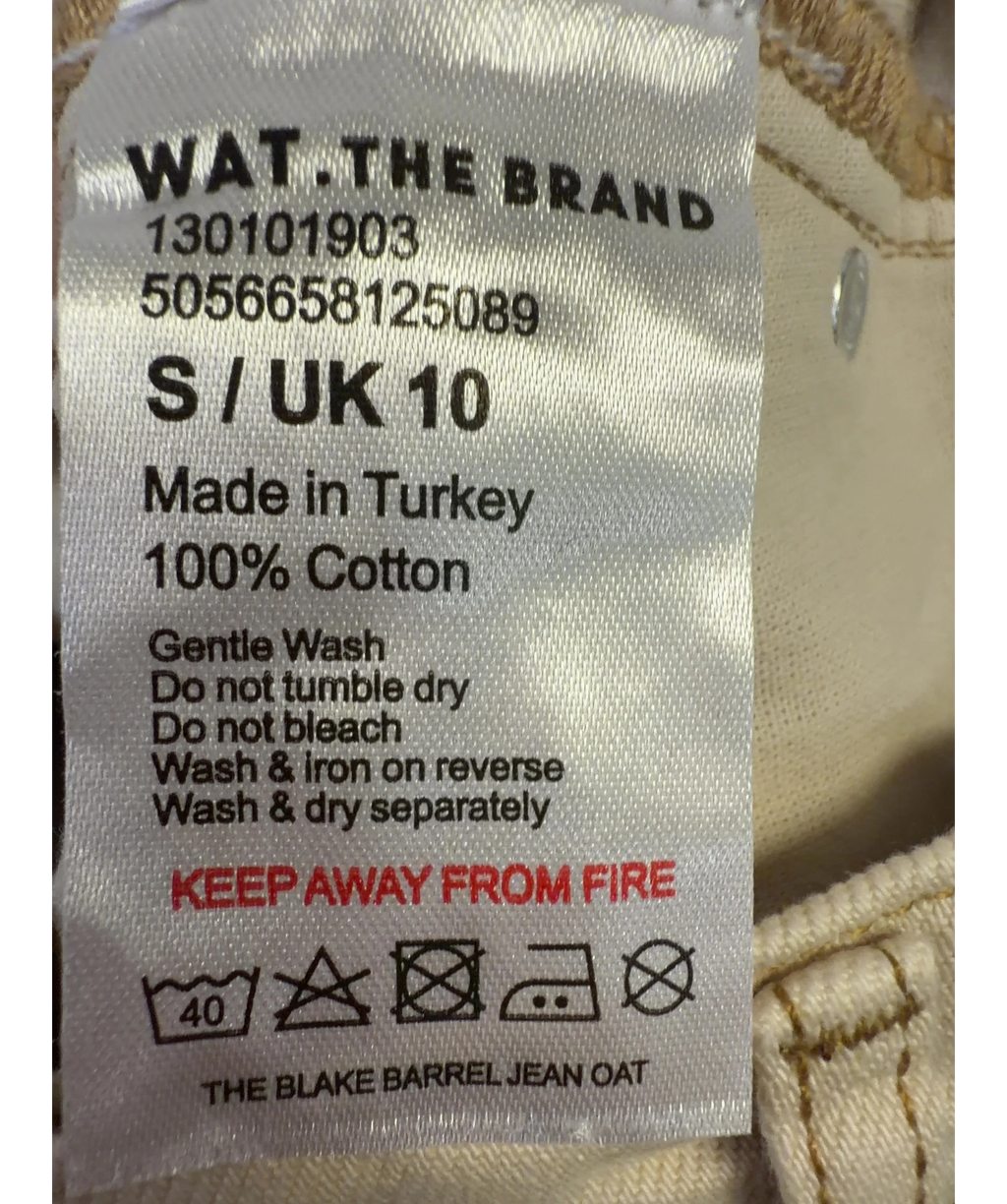 WAT. THE BRAND Beige The Blake Barrel Jean, size UK 10 — care label