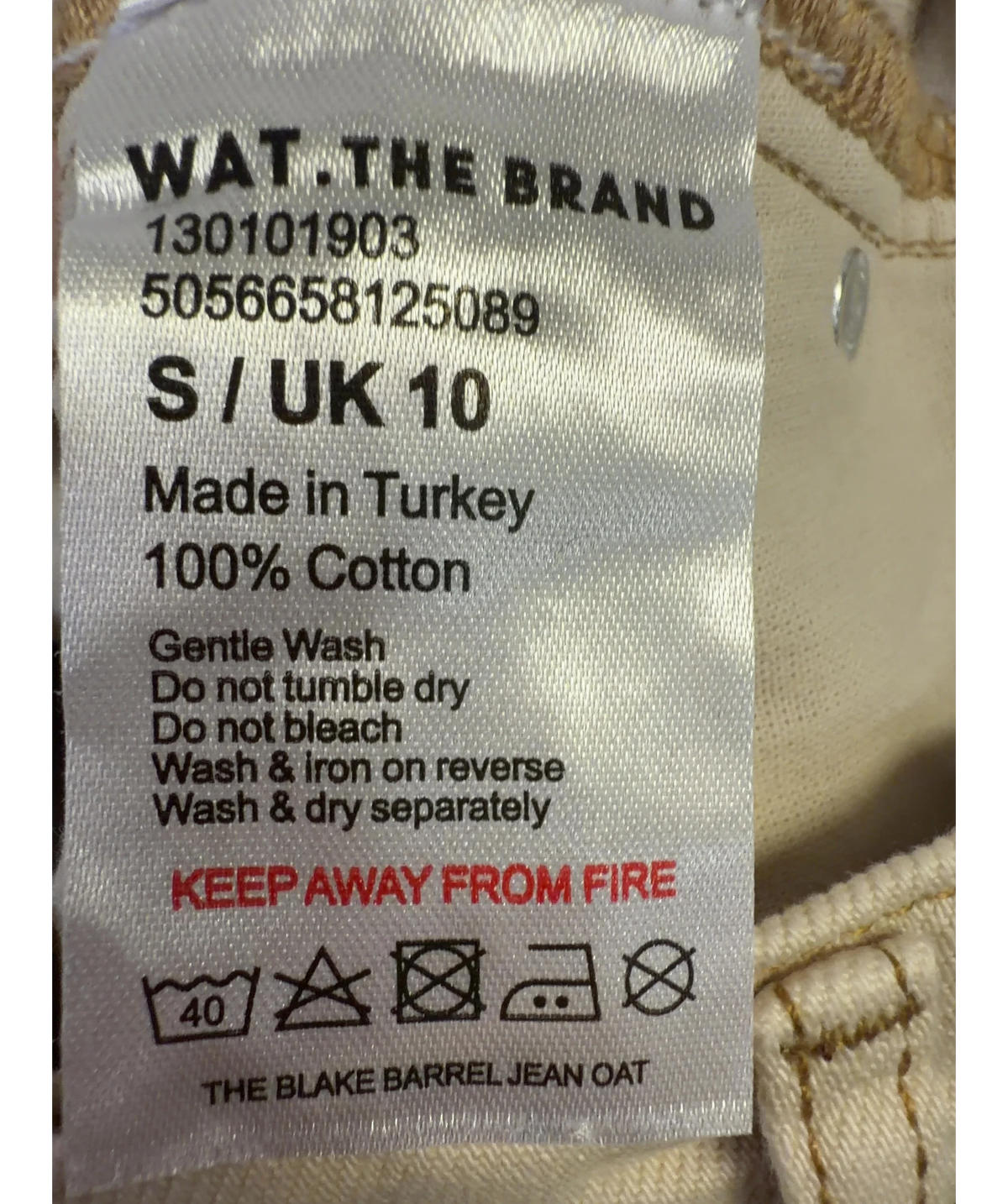 WAT. THE BRAND Beige The Blake Barrel Jean, size UK 10 — care label