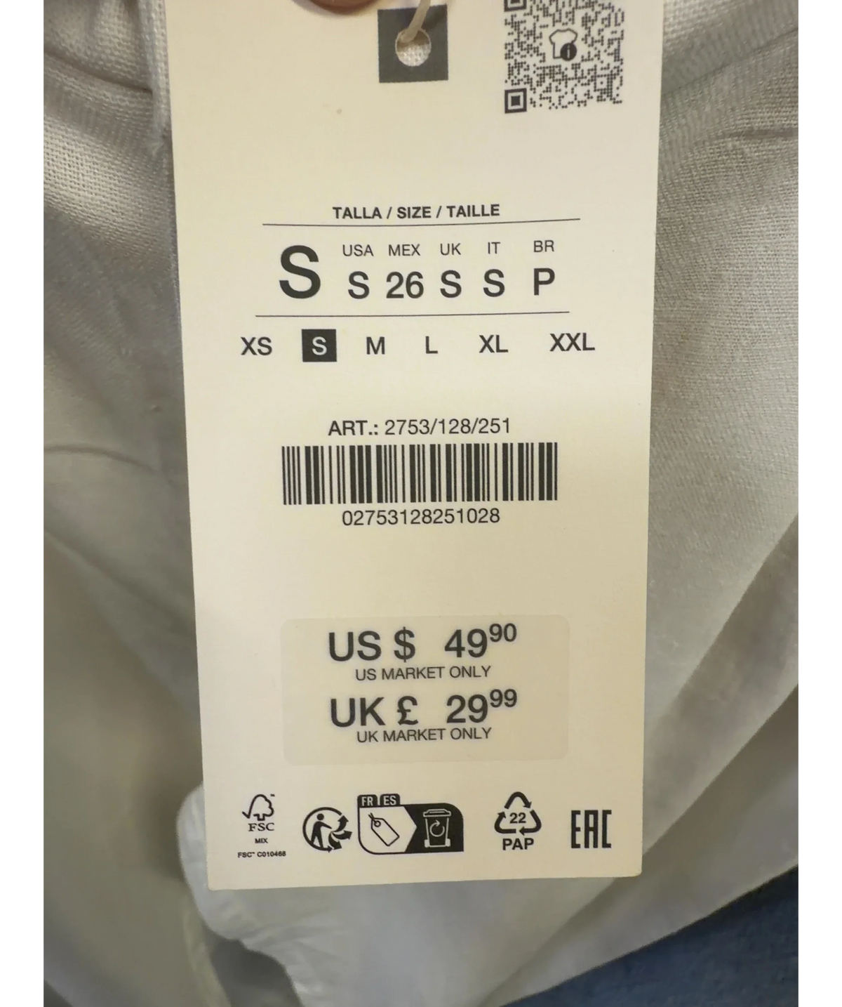 ZARA White pleated linen-blend/cigarette trousers, size UK S — care label