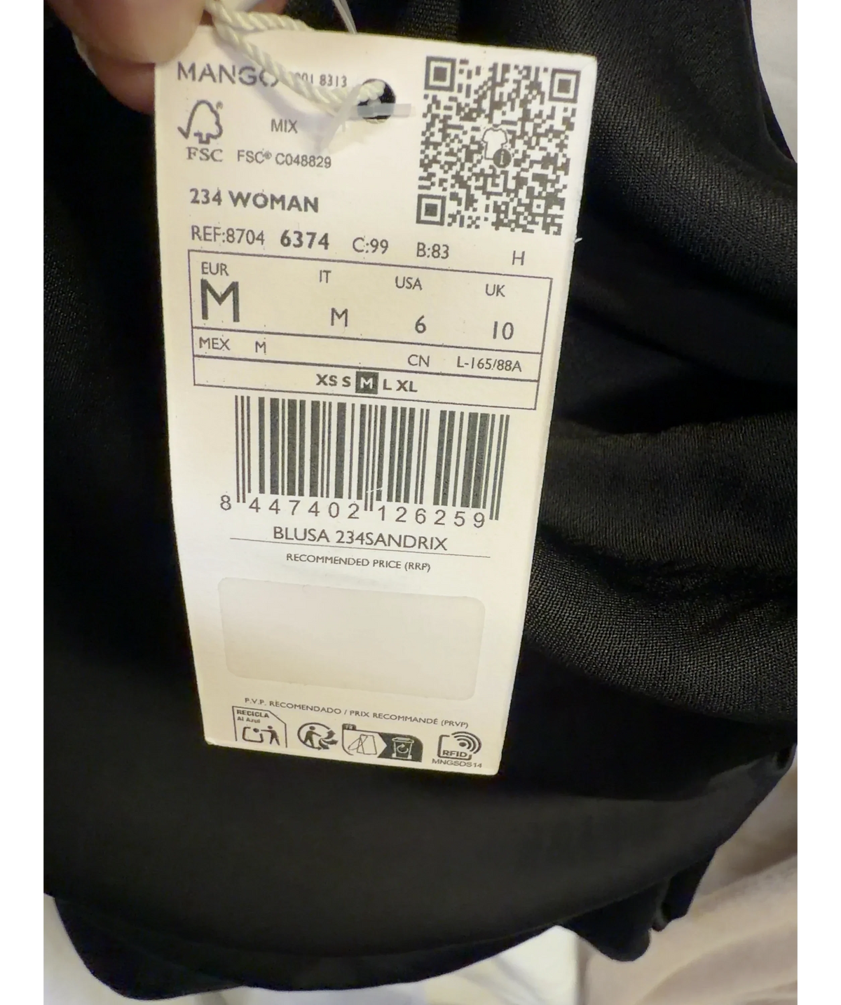 MANGO Black BLUSA 234SANDRIX, size UK 10 — label