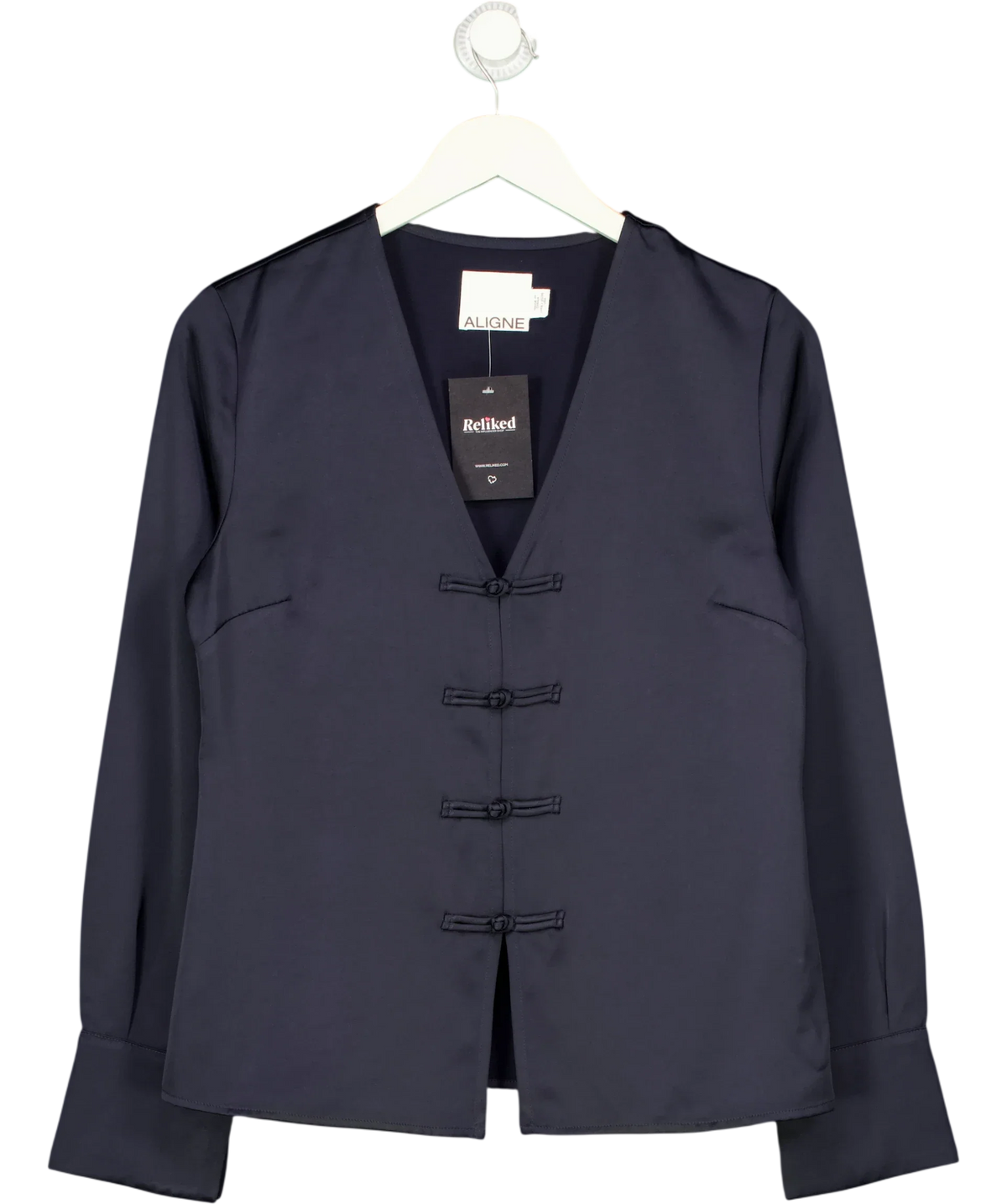 Aligne navy Saffron Knot Fastening Satin Shirt, size UK 8 — front