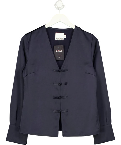 Aligne navy Saffron Knot Fastening Satin Shirt, size UK 8 — front