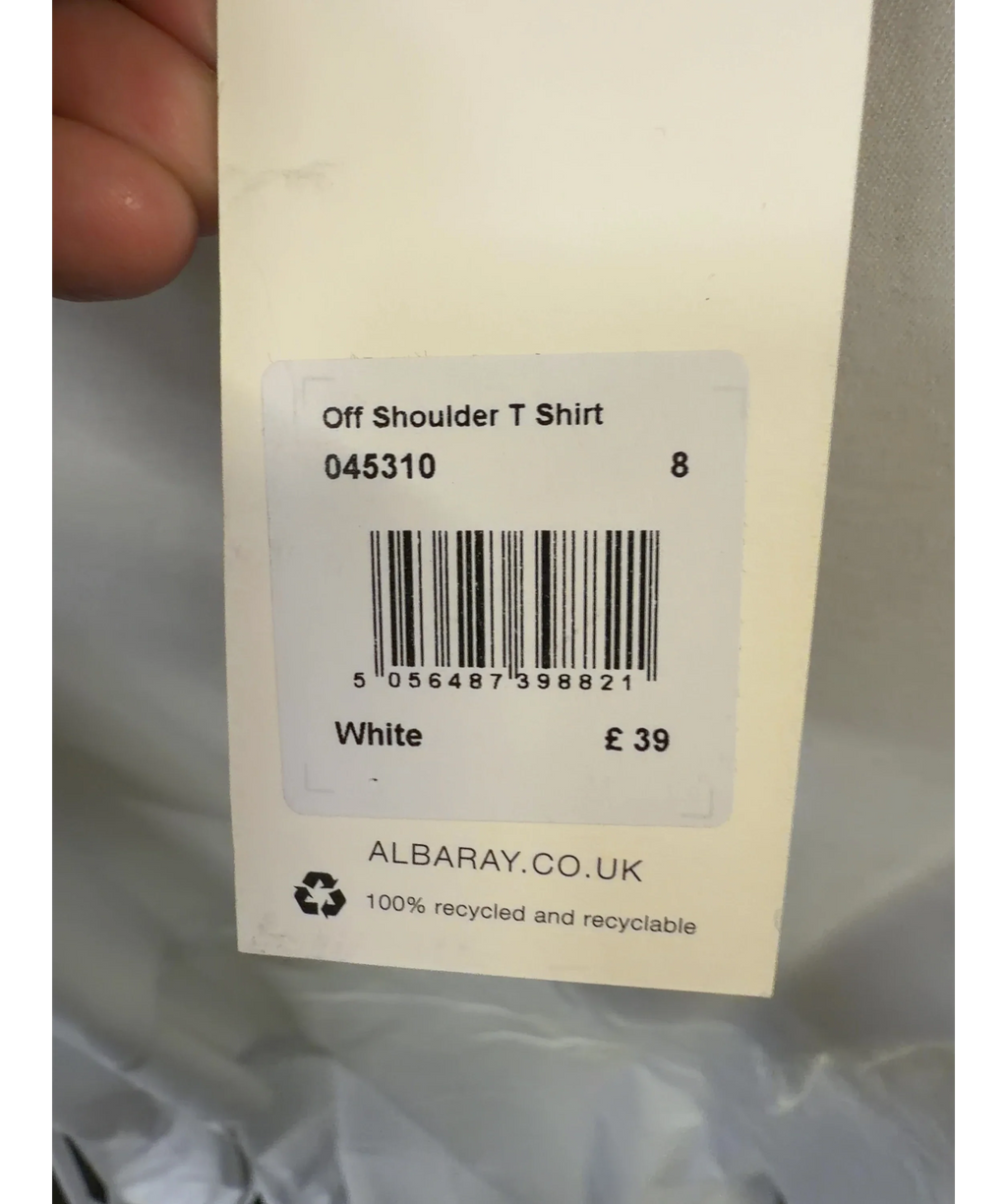 Albaray White Off Shoulder T Shirt, size UK 8 — label