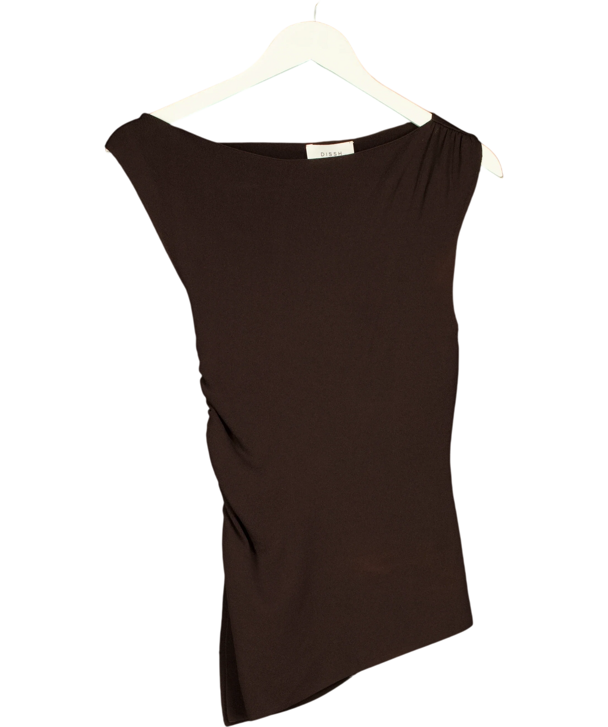 DISSH Brown asymmetrical ribbed knit tank top, size UK S — front