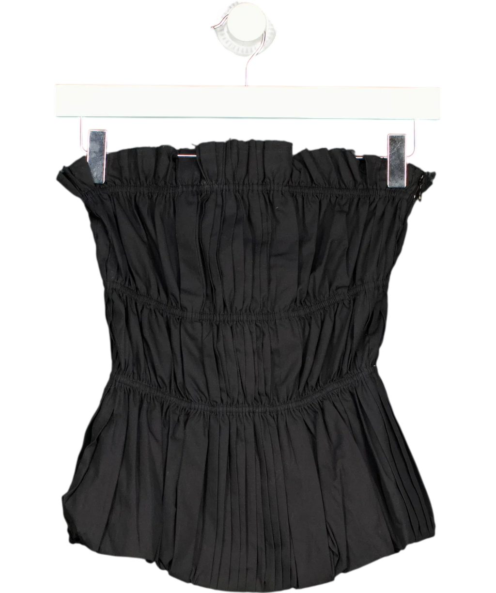 MANGO Black strapless smocked peplum top, size UK S — front