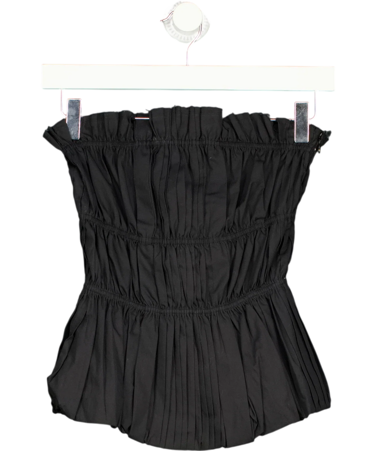 MANGO Black strapless smocked peplum top, size UK S — front
