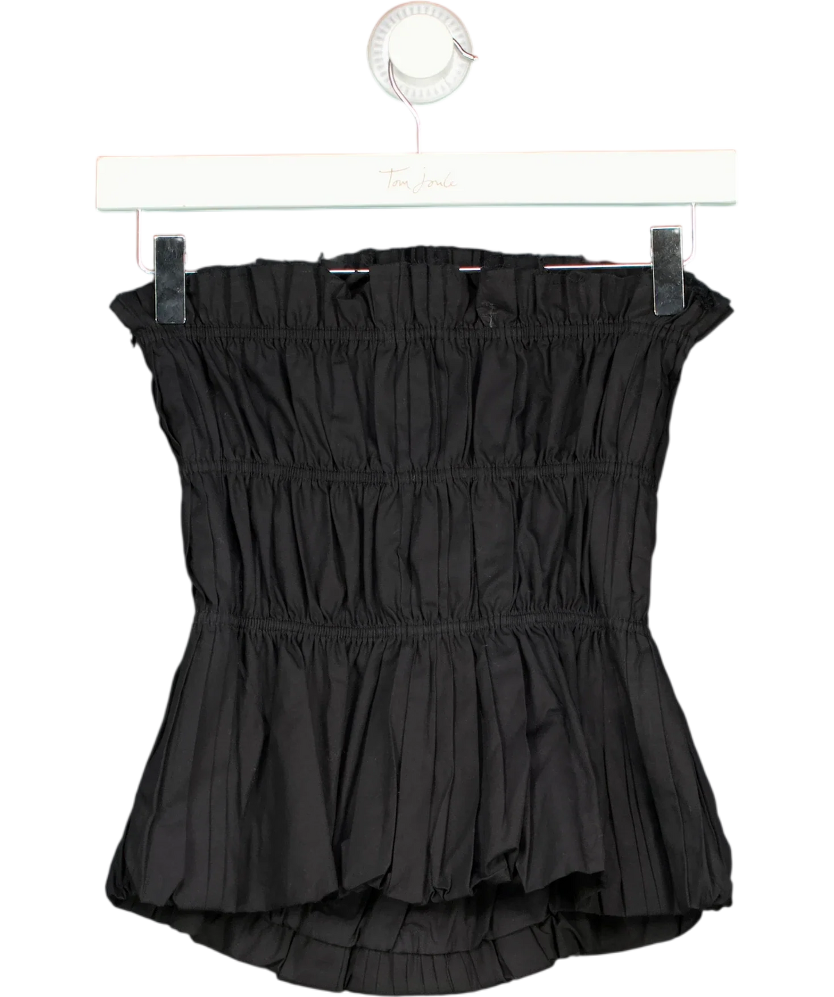 MANGO Black strapless smocked peplum top, size UK S — back