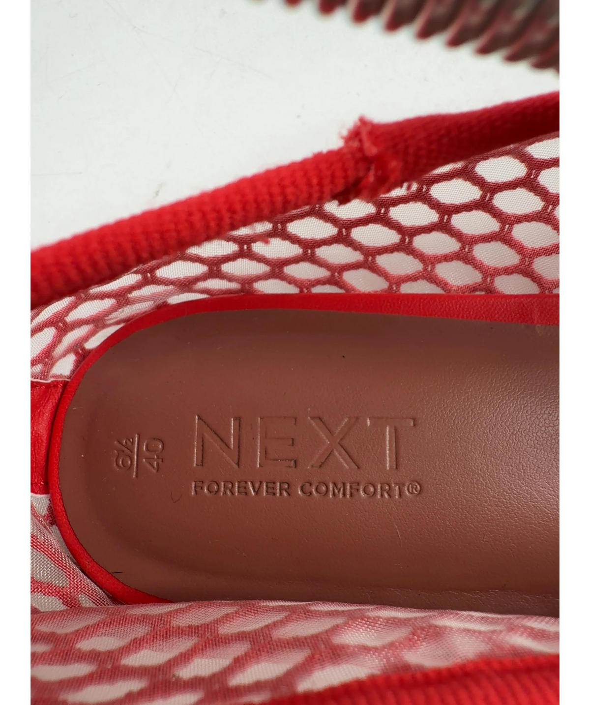 Next Red Forever Comfort® Round Toe Mesh Ballerina Flats, size UK 6 EU 39 👠 — care label