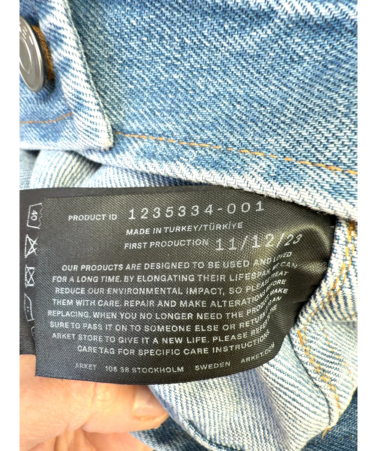 ARKET Blue Collarless Denim Jacket, size UK 8 — label