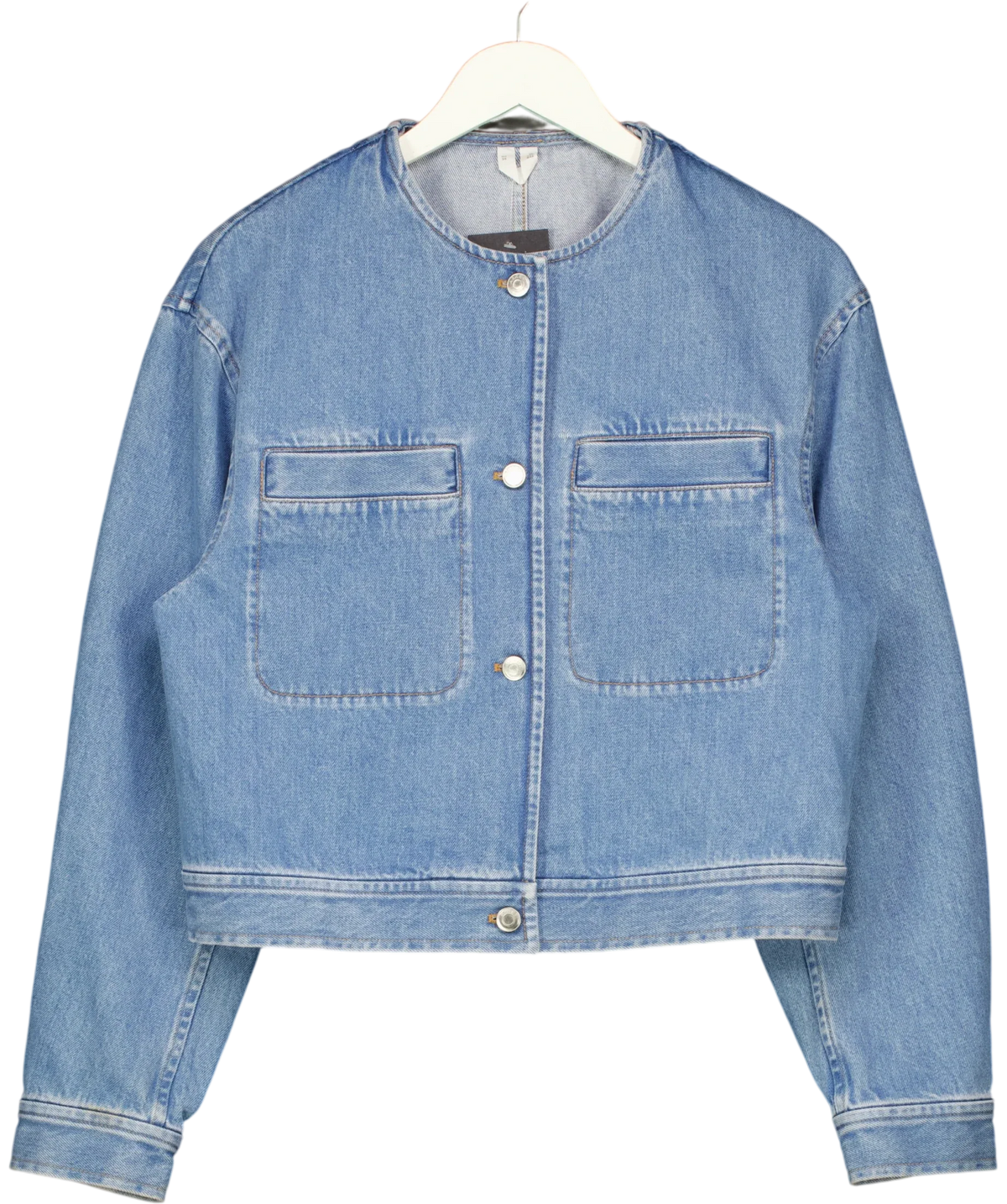 ARKET Blue Collarless Denim Jacket, size UK 8 — front
