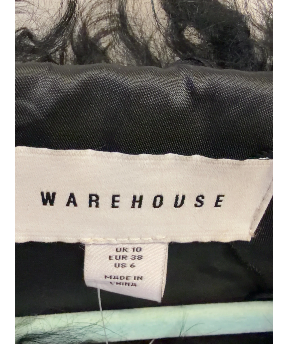Warehouse Black Lambswool Curly Fur Jacket, size UK 10 — detail