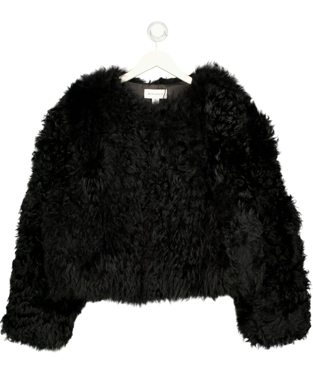 Warehouse Black Lambswool Curly Fur Jacket, size UK 10 — front