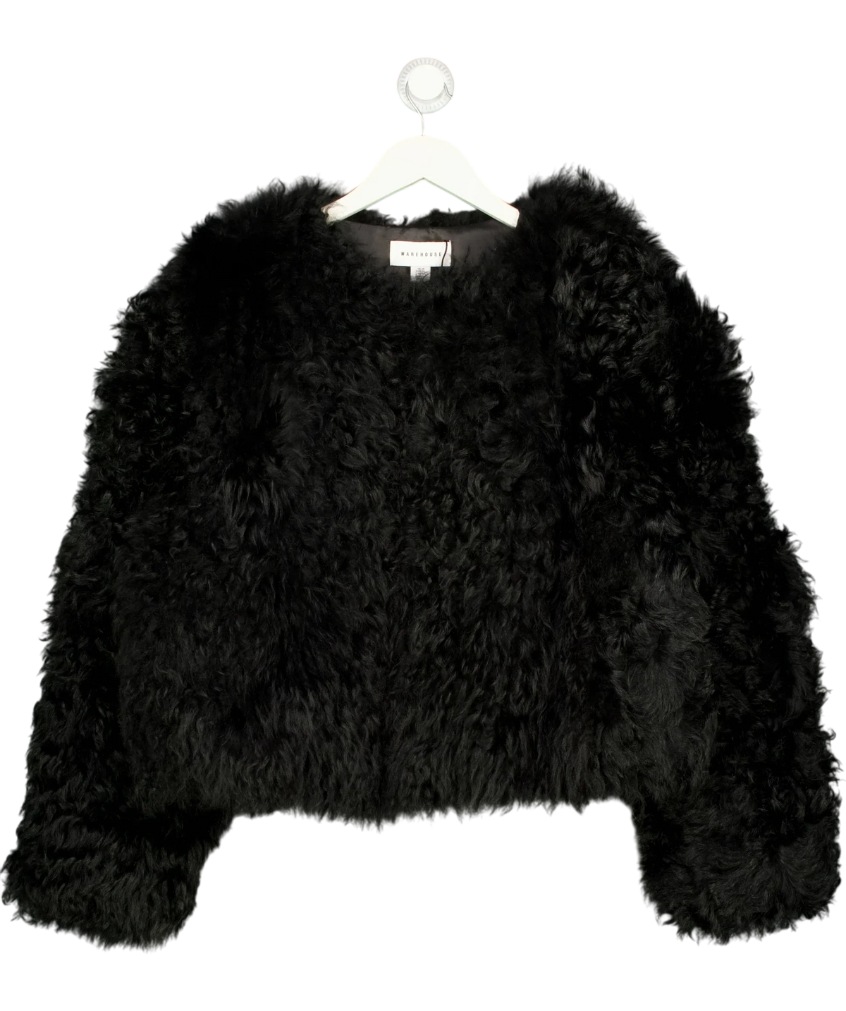 Warehouse Black Lambswool Curly Fur Jacket, size UK 10 — front