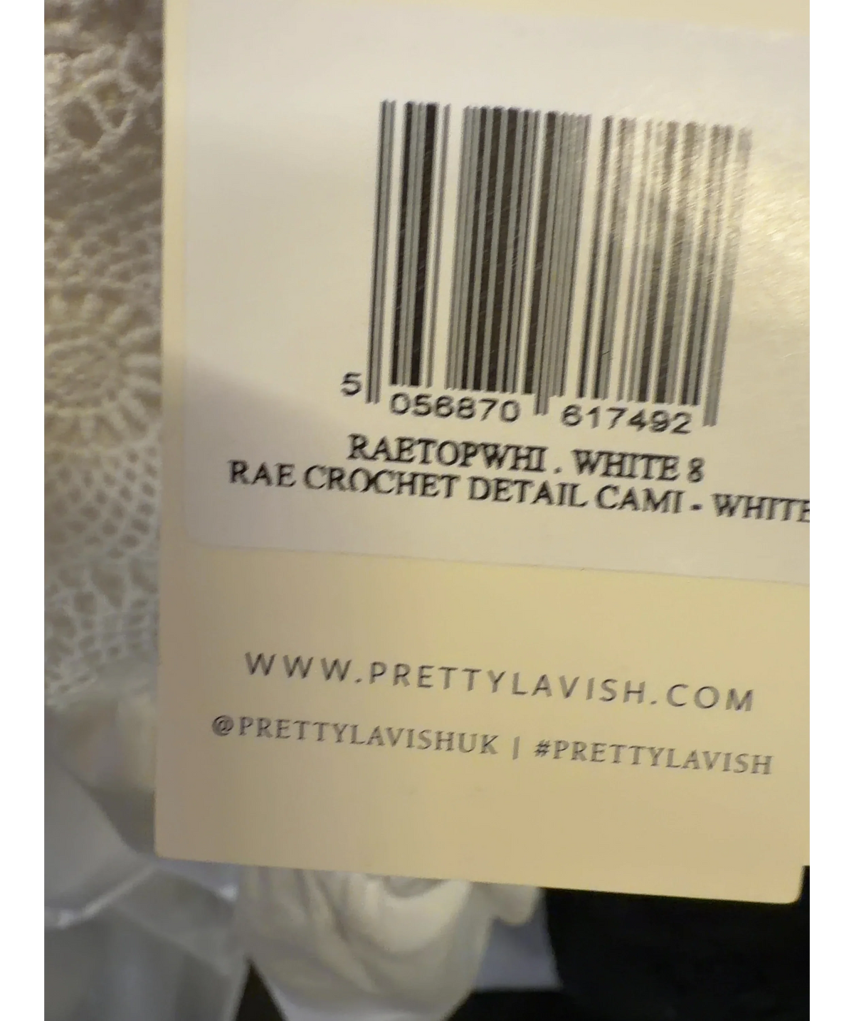 PRETTY LAVISH White Rae Crochet Detail Cami Top / Rae Crochet Detail Trousers, size UK 8 — care label