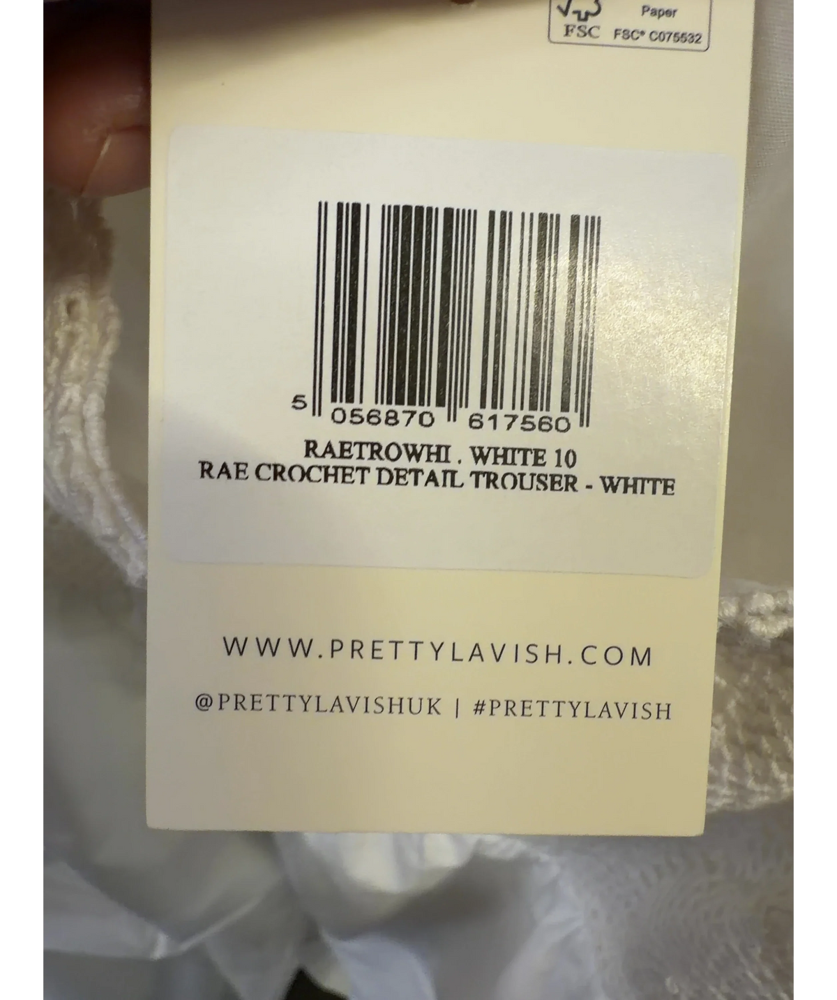PRETTY LAVISH White Rae Crochet Detail Cami Top / Rae Crochet Detail Trousers, size UK 8 — fabric detail