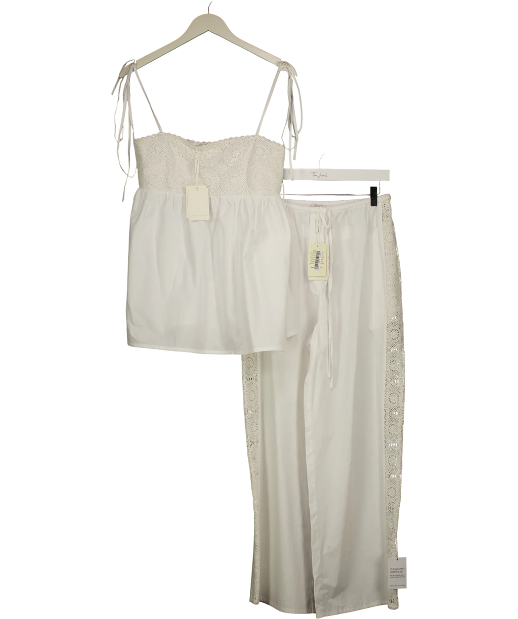 PRETTY LAVISH White Rae Crochet Detail Cami Top / Rae Crochet Detail Trousers, size UK 8 — front
