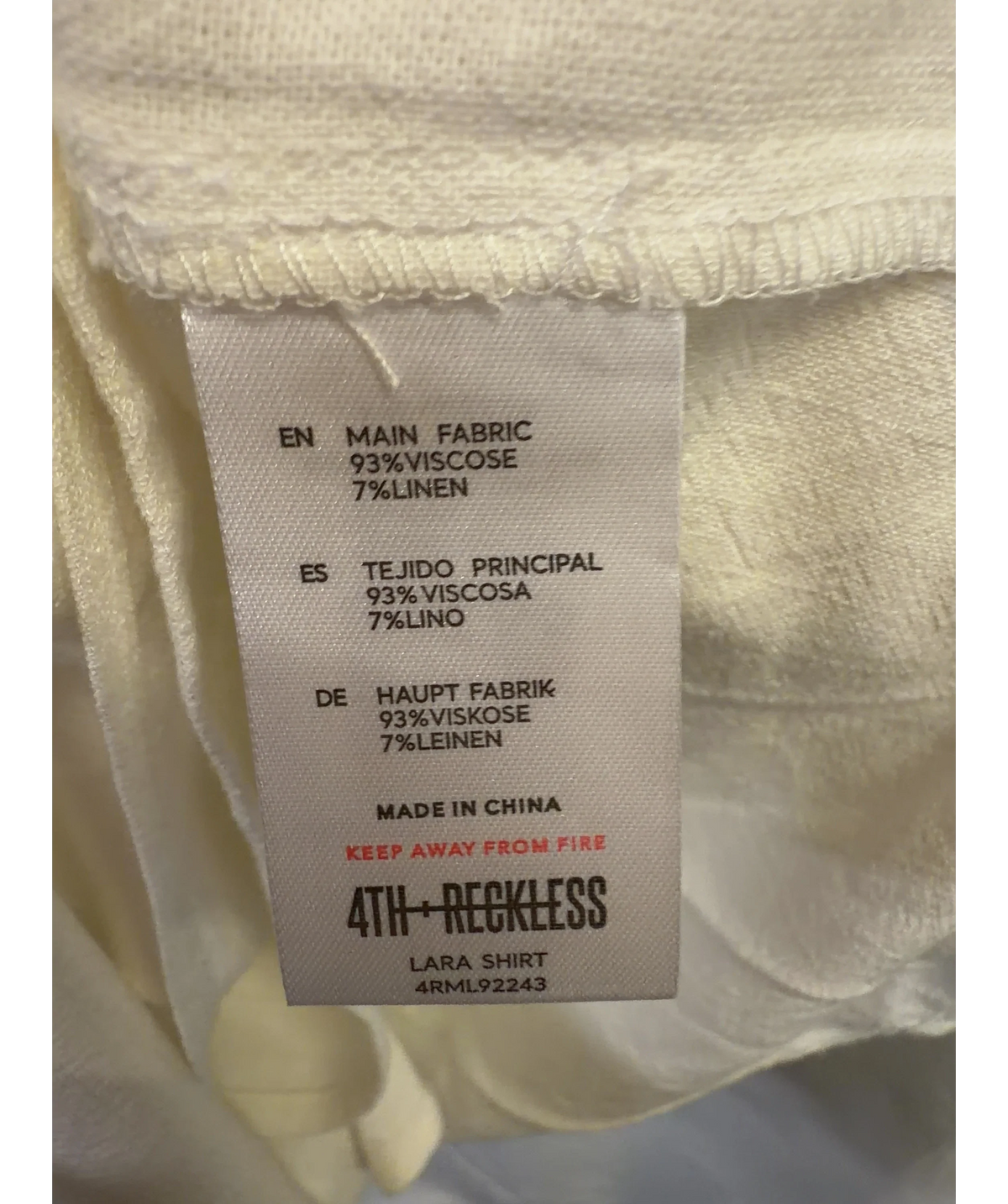 4th+Reckless White Lara Shirt, size UK 8 — label