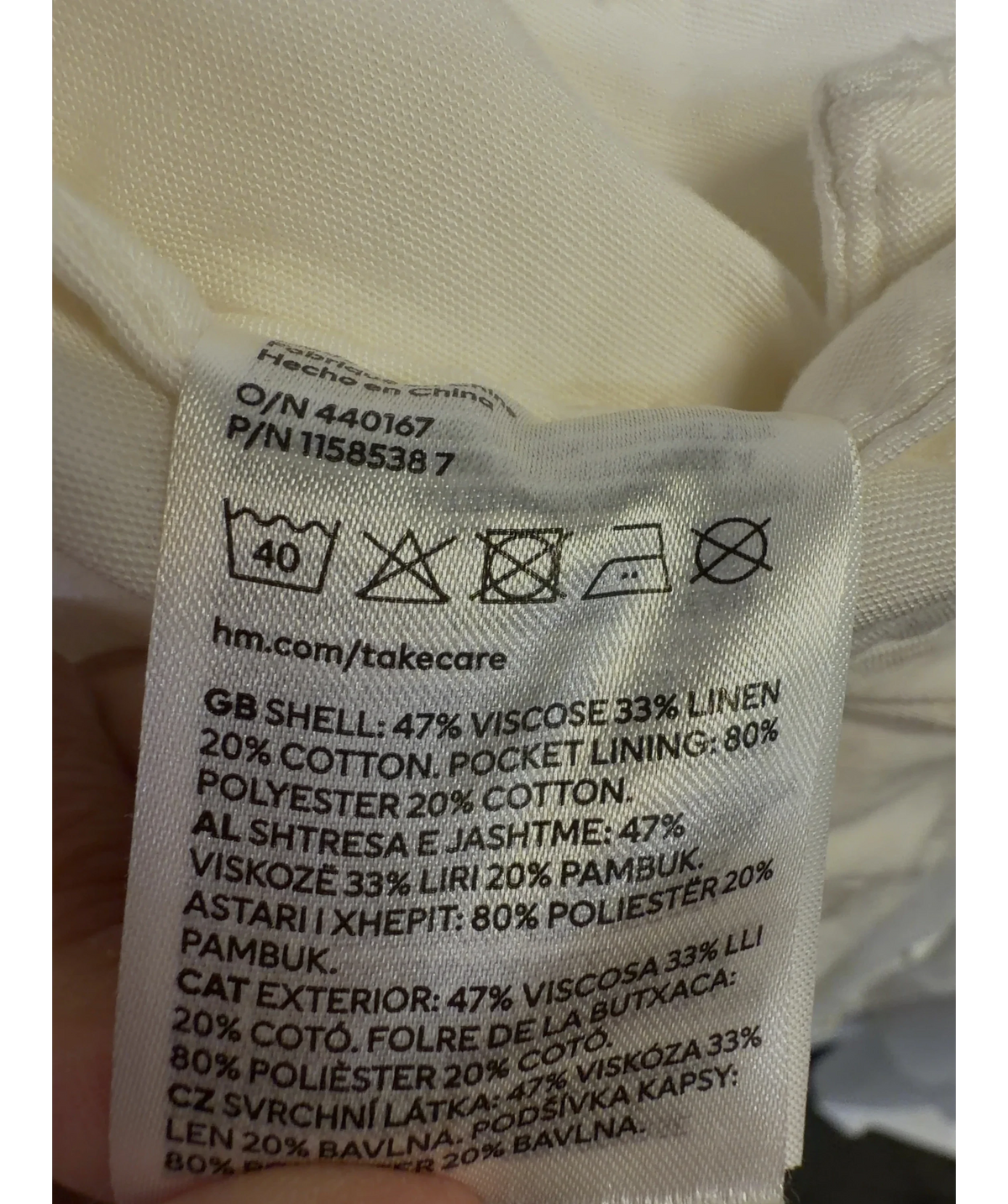 H&M White linen blend cargo trousers, size UK 6 — label