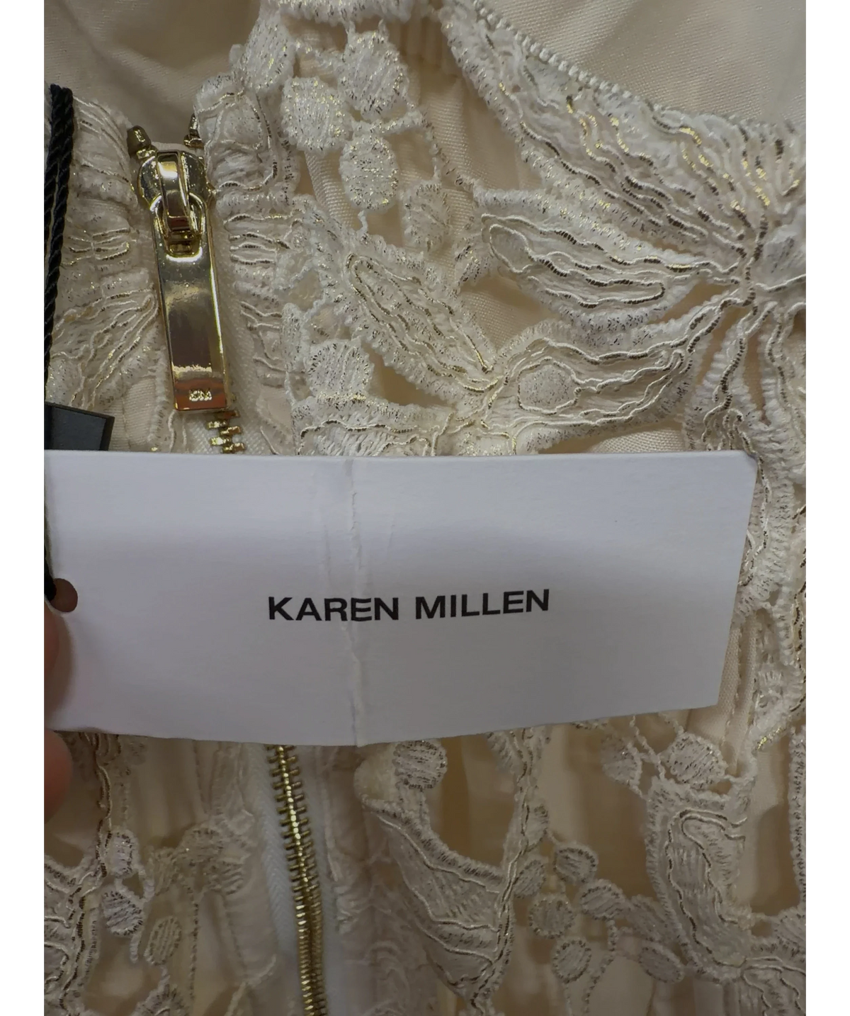 KAREN MILLEN ivory Lace Detail Strappy Midi Dress, size UK 6 — detail