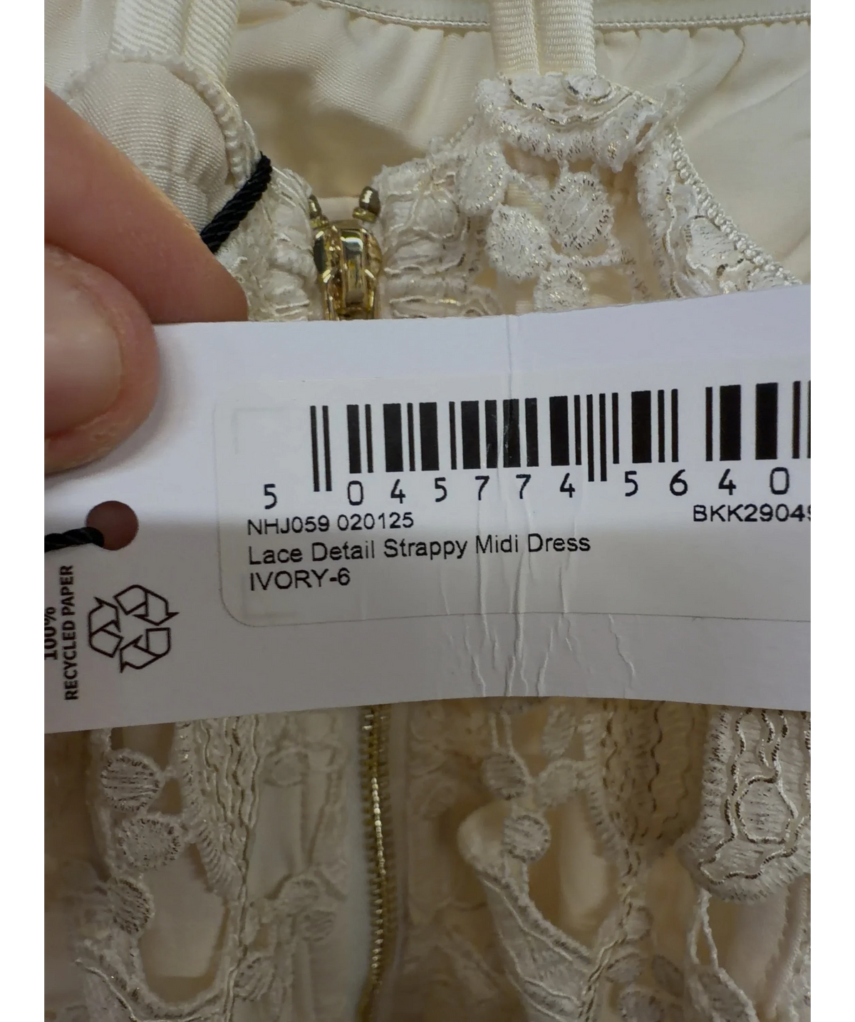 KAREN MILLEN ivory Lace Detail Strappy Midi Dress, size UK 6 — label