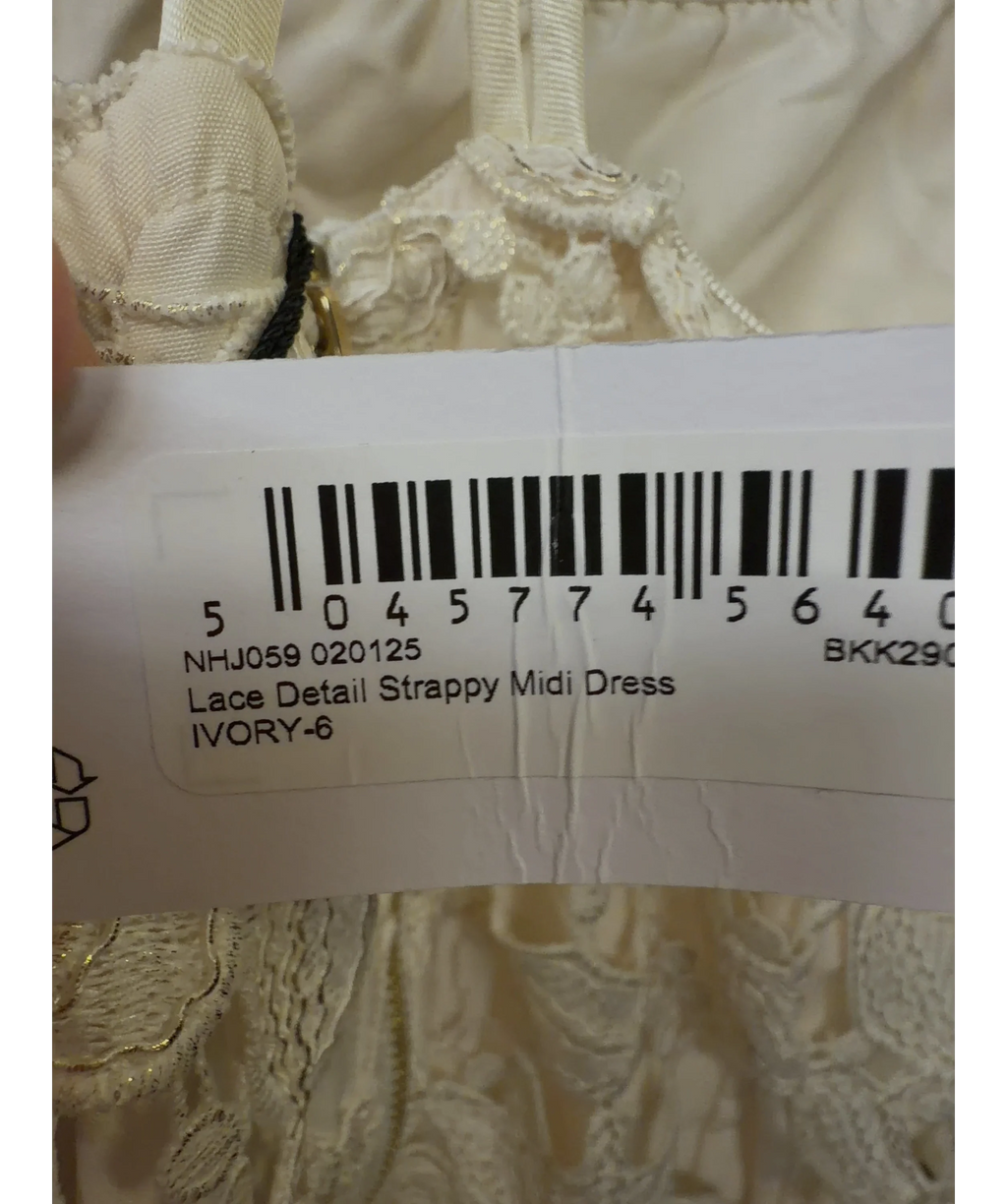 KAREN MILLEN ivory Lace Detail Strappy Midi Dress, size UK 6 — care label