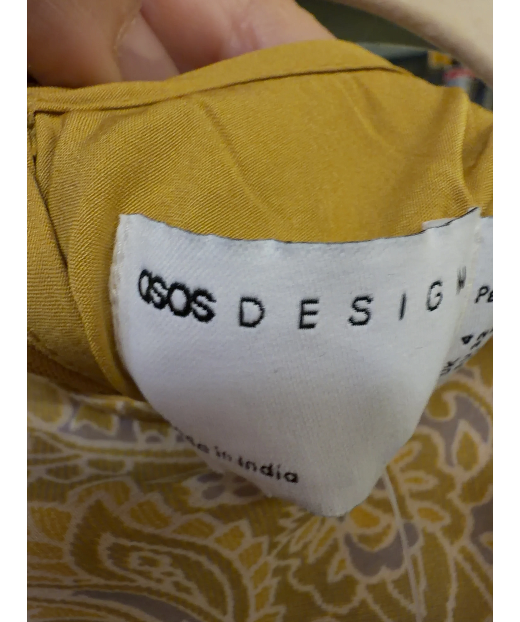 ASOS Yellow Petite racer neck bias maxi dress with godet hem in paisley, size UK 4 — detail