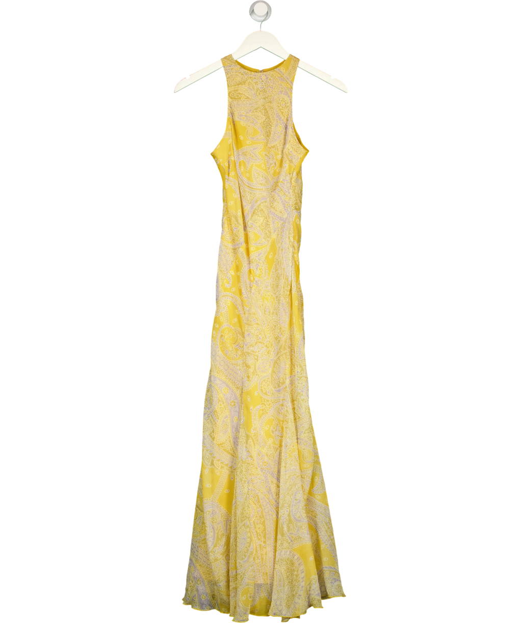 ASOS Yellow Petite racer neck bias maxi dress with godet hem in paisley, size UK 4 — front