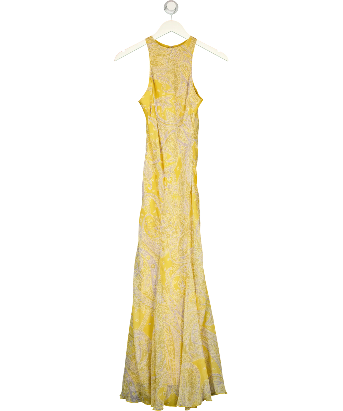 ASOS Yellow Petite racer neck bias maxi dress with godet hem in paisley, size UK 4 — front