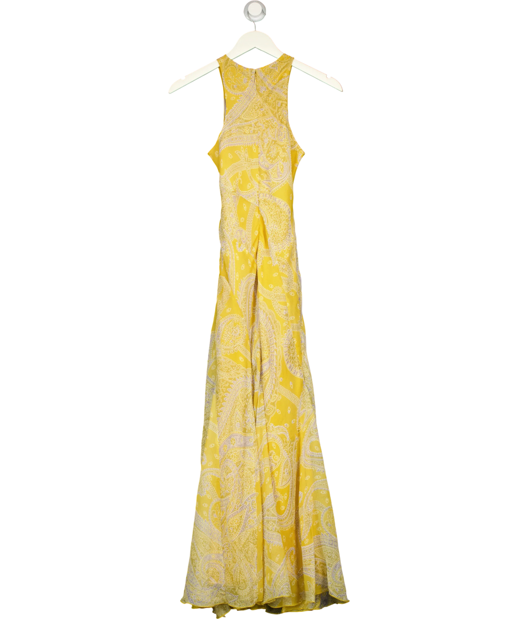 ASOS Yellow Petite racer neck bias maxi dress with godet hem in paisley, size UK 4 — back