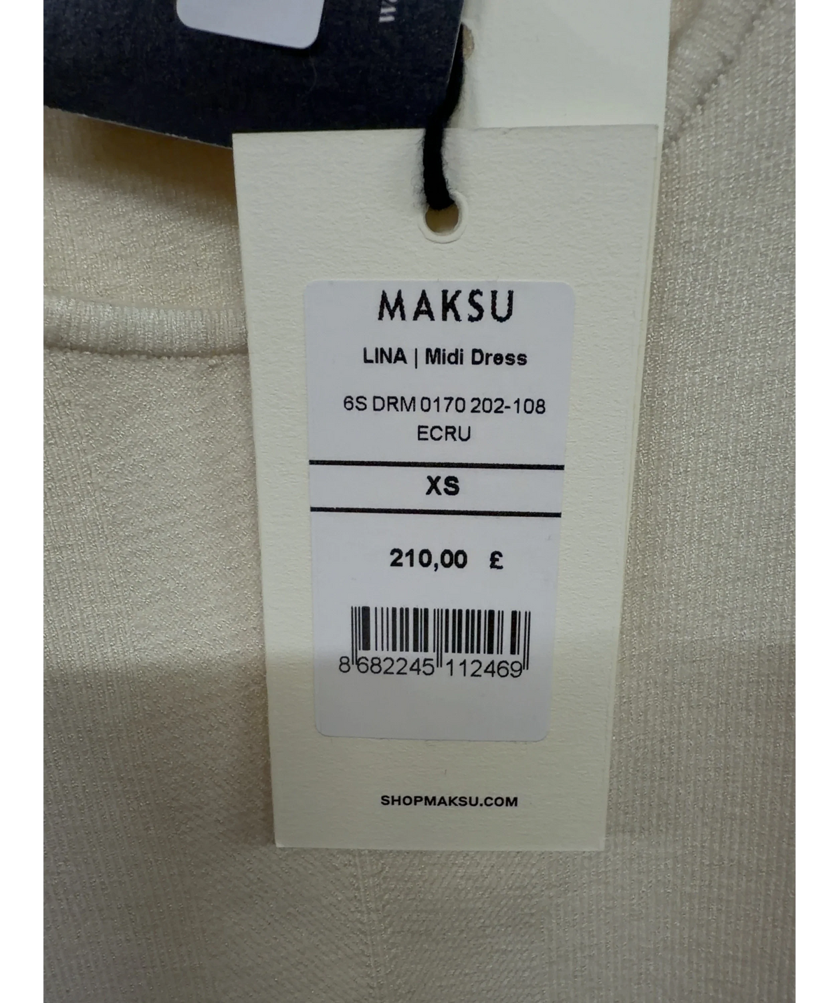 MAKSU Cream Lina Midi Dress, size UK XS — label