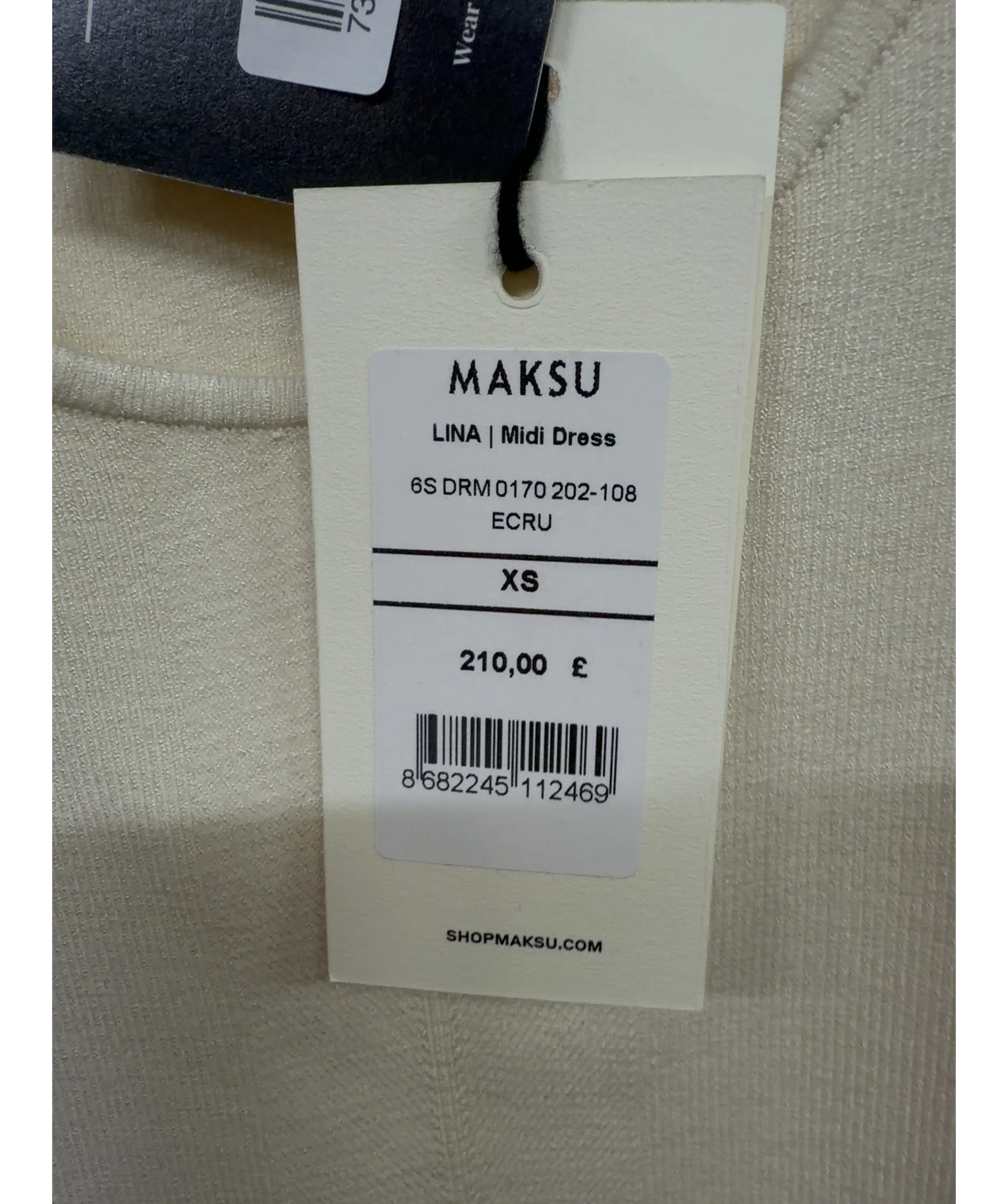 MAKSU Cream Lina Midi Dress, size UK XS — care label