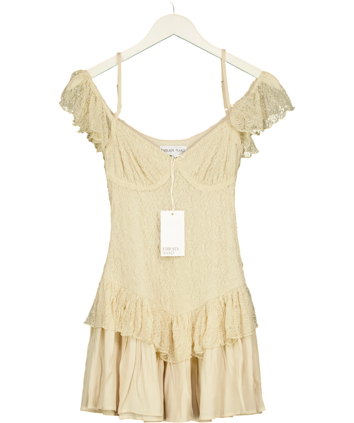 NA-KD Beige Lace Off Shoulder Mini Dress, size UK 4 — front