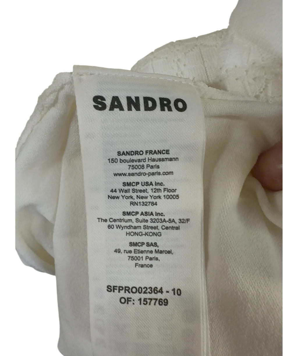 Sandro Cream Yvana Bead-Embellished Pointelle-Knit Midi Dress, size UK 6 — fabric detail