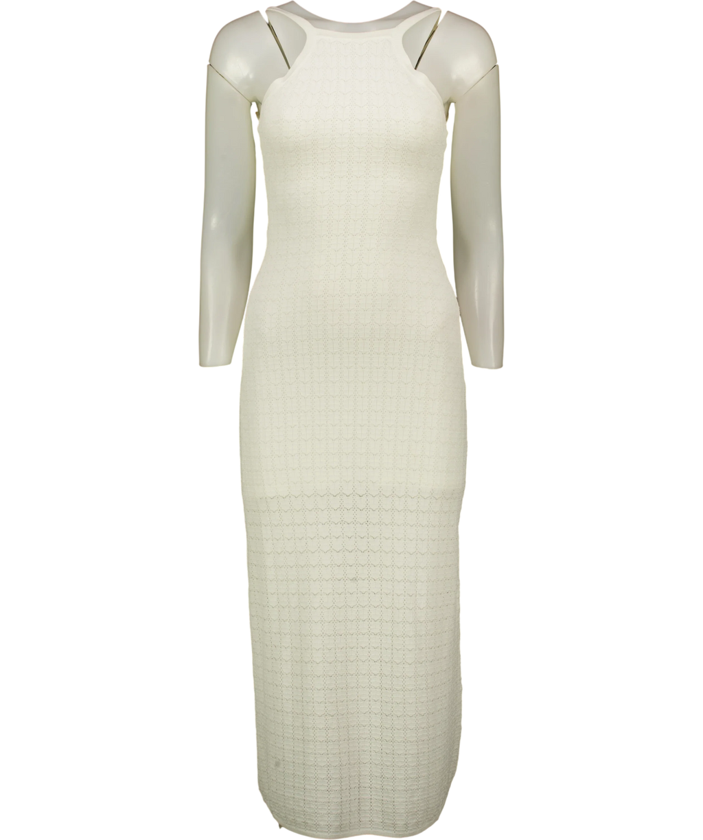 Sandro Cream Yvana Bead-Embellished Pointelle-Knit Midi Dress, size UK 6 — front