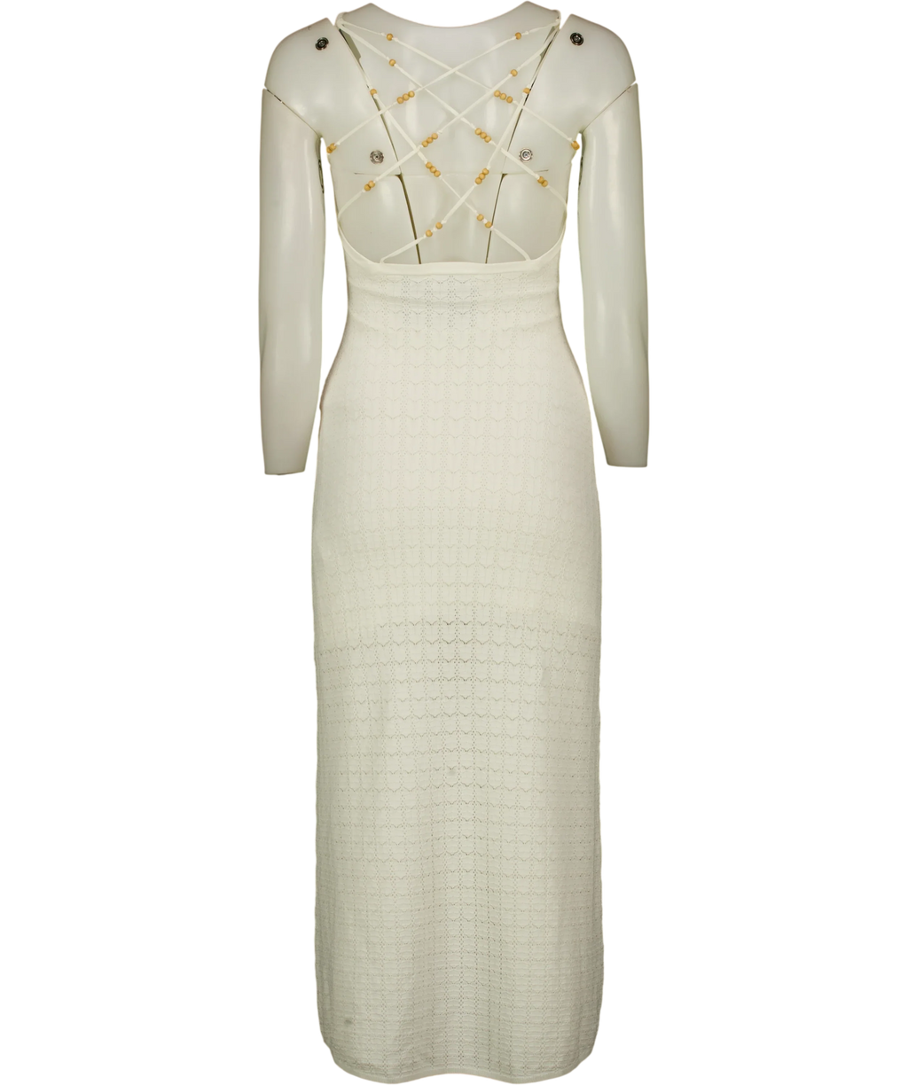 Sandro Cream Yvana Bead-Embellished Pointelle-Knit Midi Dress, size UK 6 — back