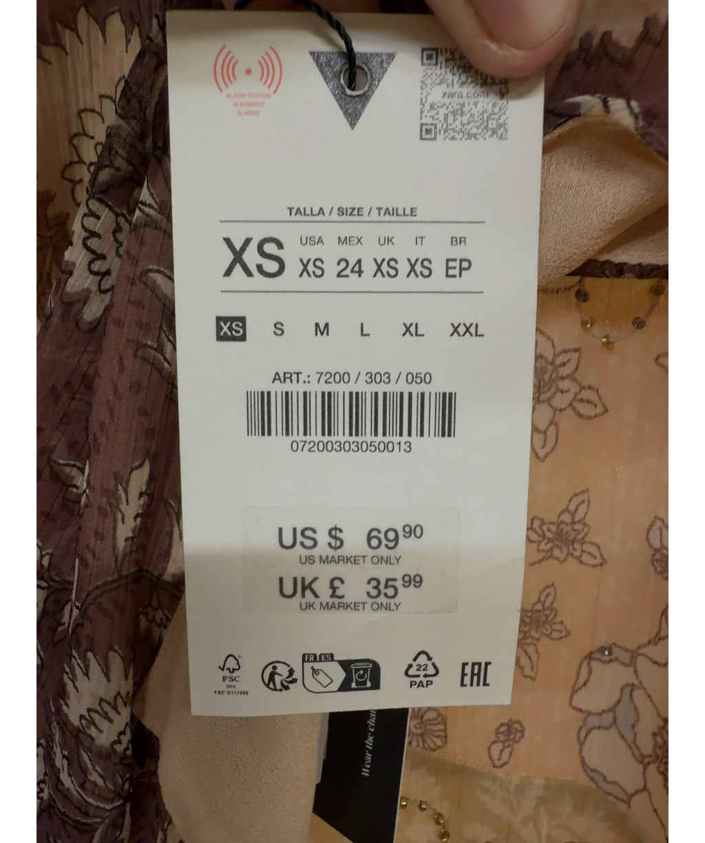 ZARA Brown Beaded Print Halter Dress, size UK XS — care label