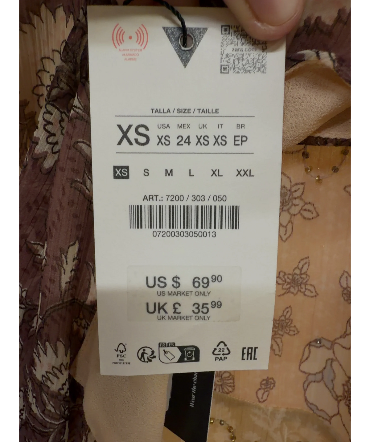 ZARA Brown Beaded Print Halter Dress, size UK XS — care label