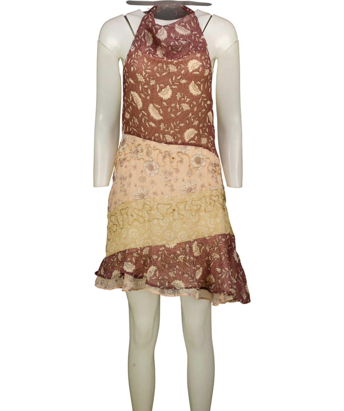 ZARA Brown Beaded Print Halter Dress, size UK XS — front